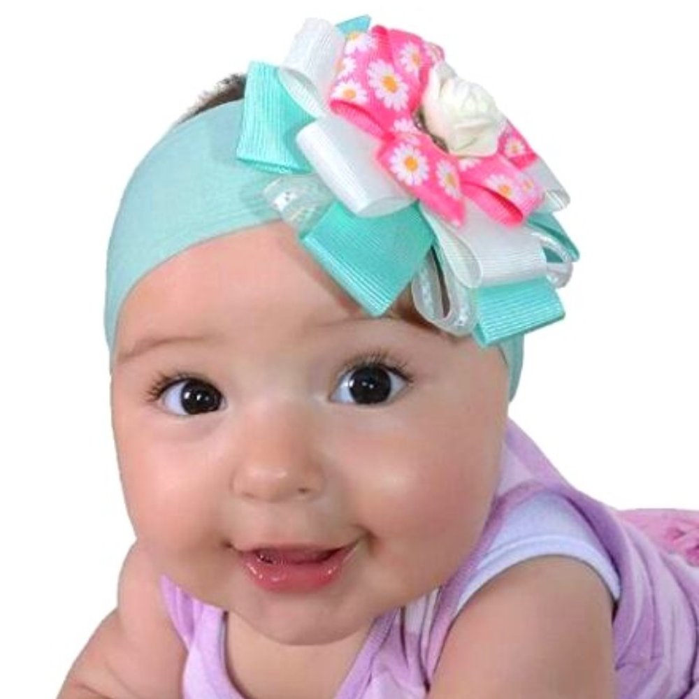Baby Headband, Girl's Hairband Cyan Blue & Pink with White Rose